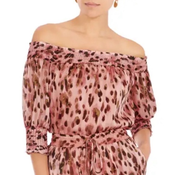 Milly Pandora Leopard Animal Metallic Off-the-Shoulder Top in Pink Multi Sz L - Picture 1 of 15